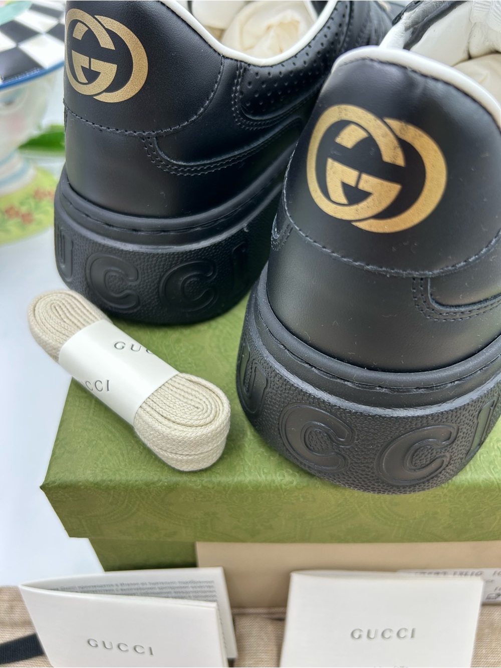 Men's Gucci GG embossed black leather sneakers size 10 fits 10.5 US made Italy - Picture 9 of 15